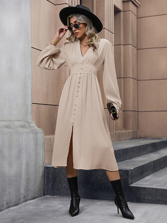 Midi Dresses- Textured Long Sleeve V-Neck Midi Dress with Slit- Cracker khaki- Pekosa Women Clothing