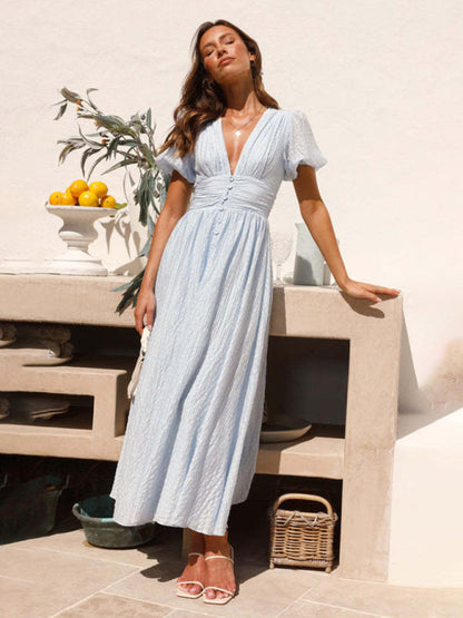 Textured Plunge Neck Midi Dress with Smocked Waist