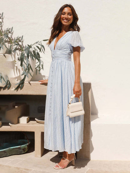 Textured Plunge Neck Midi Dress with Smocked Waist