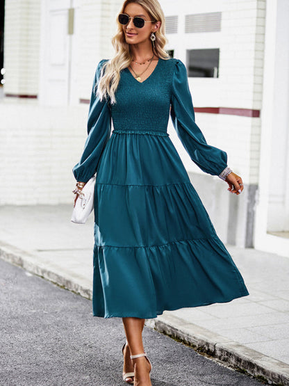 Midi Dresses- Time to Shine: Women's Smocked Long Sleeves V Neck Tiered Midi Dress- Blue- Pekosa Women Clothing