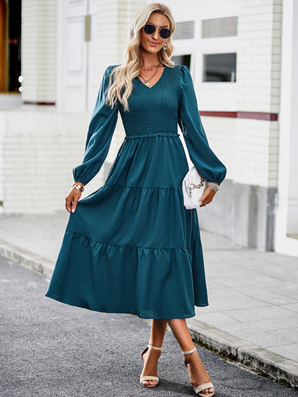 Midi Dresses- Time to Shine: Women's Smocked Long Sleeves V Neck Tiered Midi Dress- - Pekosa Women Clothing