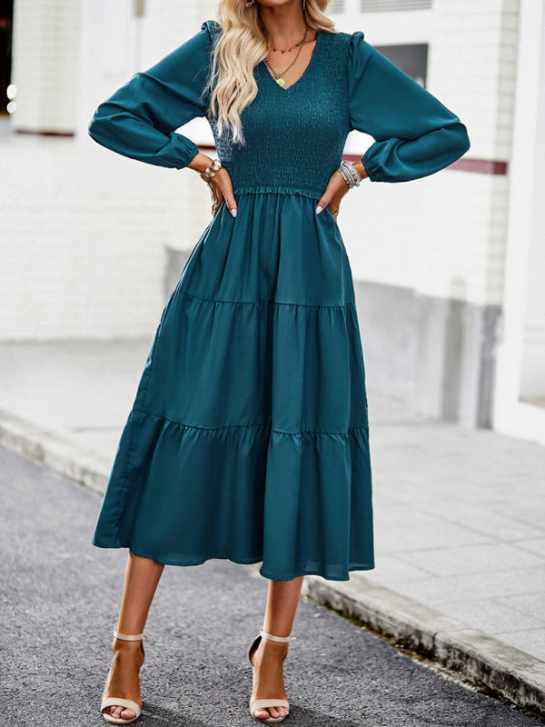 Midi Dresses- Time to Shine: Women's Smocked Long Sleeves V Neck Tiered Midi Dress- - Pekosa Women Clothing