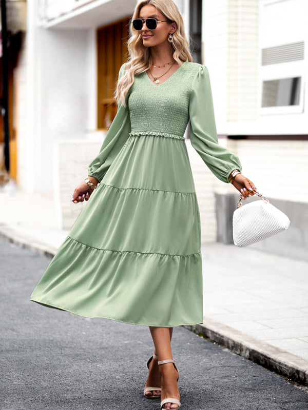 Midi Dresses- Time to Shine: Women's Smocked Long Sleeves V Neck Tiered Midi Dress- Green- Pekosa Women Clothing