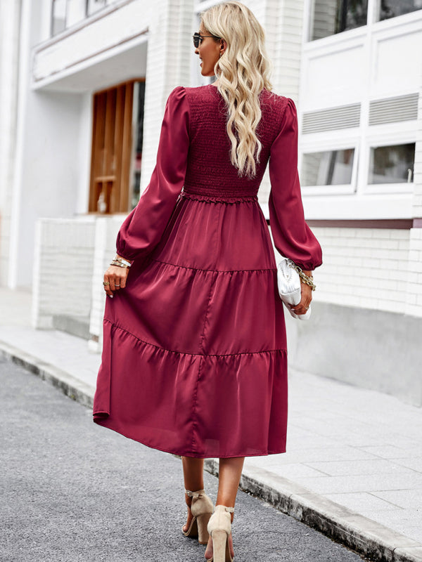 Midi Dresses- Time to Shine: Women's Smocked Long Sleeves V Neck Tiered Midi Dress- - Pekosa Women Clothing