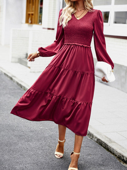 Midi Dresses- Time to Shine: Women's Smocked Long Sleeves V Neck Tiered Midi Dress- - Pekosa Women Clothing