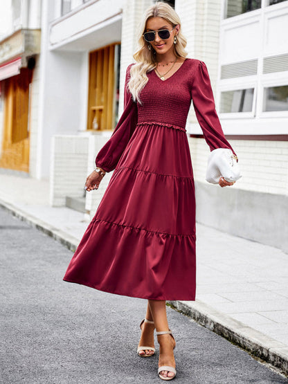 Midi Dresses- Time to Shine: Women's Smocked Long Sleeves V Neck Tiered Midi Dress- - Pekosa Women Clothing