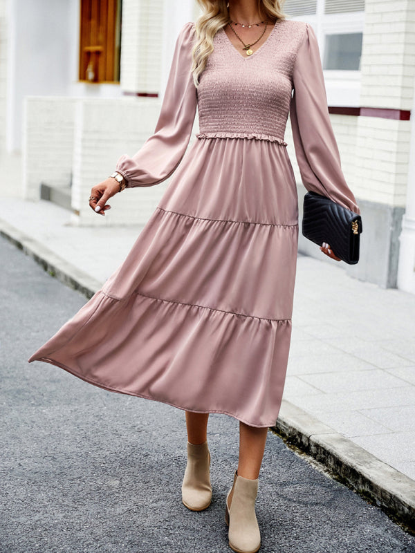 Midi Dresses- Time to Shine: Women's Smocked Long Sleeves V Neck Tiered Midi Dress- - Pekosa Women Clothing