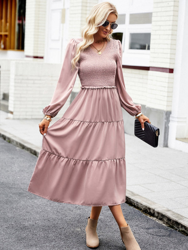 Midi Dresses- Time to Shine: Women's Smocked Long Sleeves V Neck Tiered Midi Dress- - Pekosa Women Clothing