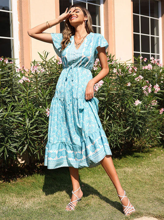 Midi Dresses- Timeless Romance: Women's Floral Tiered Petal Sleeves Midi Dress- Green- Pekosa Women Clothing