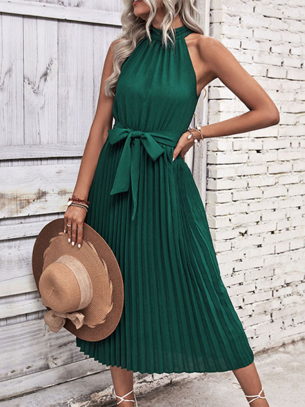 Midi Dresses- Timelessly Elegant: Women's Sleeveless Pleated Belted Halter Dress- Green- Pekosa Women Clothing