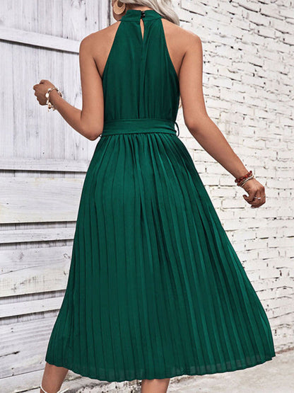 Midi Dresses- Timelessly Elegant: Women's Sleeveless Pleated Belted Halter Dress- - Pekosa Women Clothing