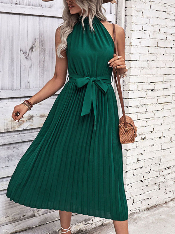 Midi Dresses- Timelessly Elegant: Women's Sleeveless Pleated Belted Halter Dress- - Pekosa Women Clothing