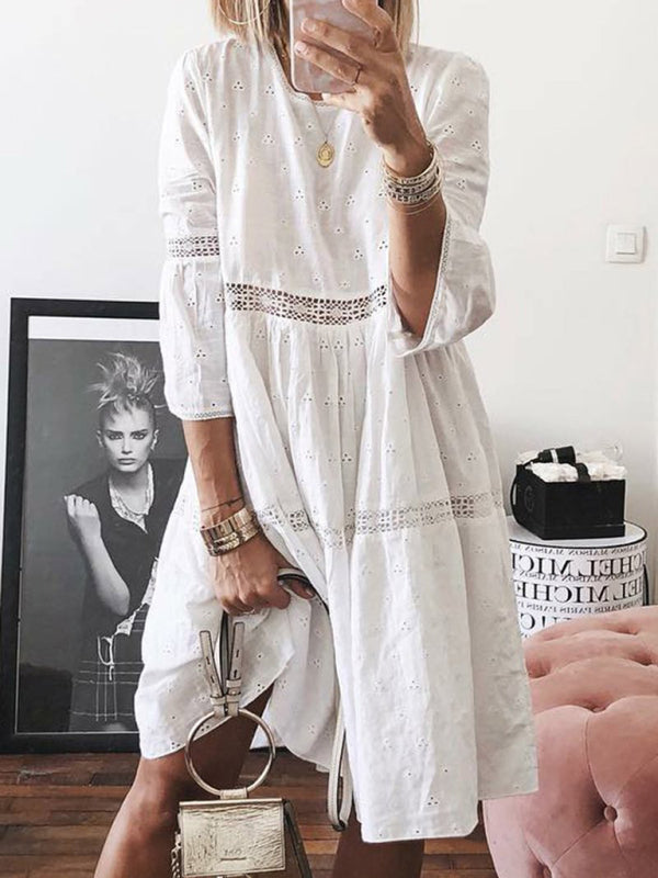 Midi Dresses- Vacation Ready: Women's Boho Eyelet Lace Midi Dress with 3/4 Sleeves- White- Pekosa Women Clothing