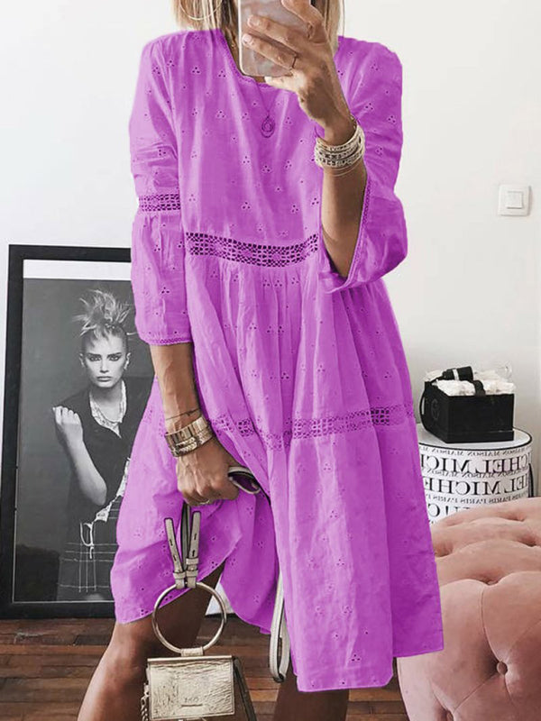 Midi Dresses- Vacation Ready: Women's Boho Eyelet Lace Midi Dress with 3/4 Sleeves- Purple- Pekosa Women Clothing