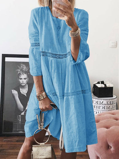 Midi Dresses- Vacation Ready: Women's Boho Eyelet Lace Midi Dress with 3/4 Sleeves- Blue- Pekosa Women Clothing