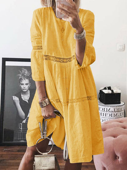 Midi Dresses- Vacation Ready: Women's Boho Eyelet Lace Midi Dress with 3/4 Sleeves- Yellow- Pekosa Women Clothing