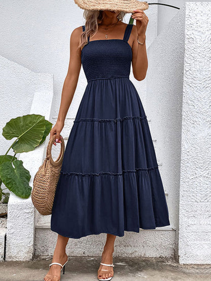 Midi Dresses- Vacation-ready Women's Square Neck Dress: Tiered Cami, Open Back Dress- Navy Blue- Pekosa Women Clothing