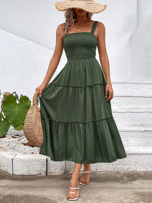 Midi Dresses- Vacation-ready Women's Square Neck Dress: Tiered Cami, Open Back Dress- Green- Pekosa Women Clothing