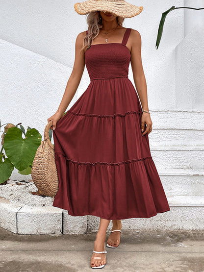 Midi Dresses- Vacation-ready Women's Square Neck Dress: Tiered Cami, Open Back Dress- Wine Red- Pekosa Women Clothing