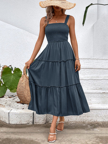 Midi Dresses- Vacation-ready Women's Square Neck Dress: Tiered Cami, Open Back Dress- Charcoal grey- Pekosa Women Clothing