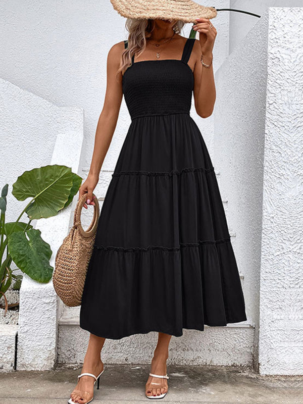 Midi Dresses- Vacation-ready Women's Square Neck Dress: Tiered Cami, Open Back Dress- Black- Pekosa Women Clothing