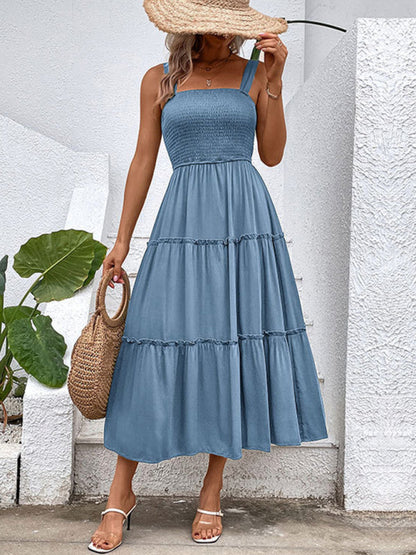 Midi Dresses- Vacation-ready Women's Square Neck Dress: Tiered Cami, Open Back Dress- Clear blue- Pekosa Women Clothing