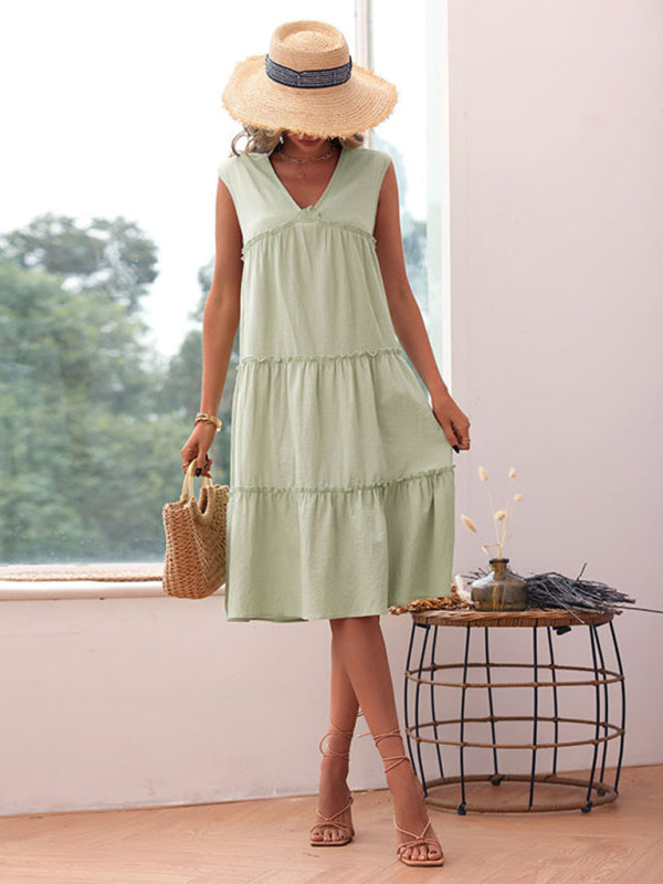 Midi Dresses- Versatile Boho Cotton Ruffle Midi Dress: Sleeveless, Tiered Ruffles- Green- Pekosa Women Clothing