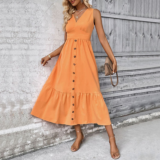 Midi Dresses- Women's Button Down Tiered Midi Dress - Perfect for Special Occasions- Orange- Pekosa Women Clothing