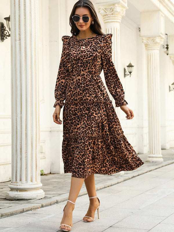 Midi Dresses- Women's Captivating Animal Print Midi Dress with Tiered Ruffle Skirt- Coffee- Pekosa Women Clothing