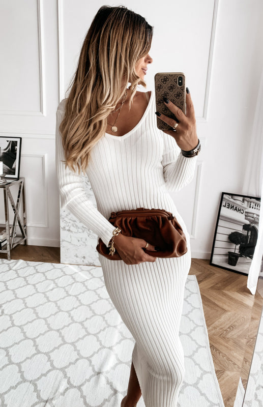 Midi Dresses- Women's Elegant Ribbed Bodycon Sweater Midi Dress- Raw white off white- Pekosa Women Clothing