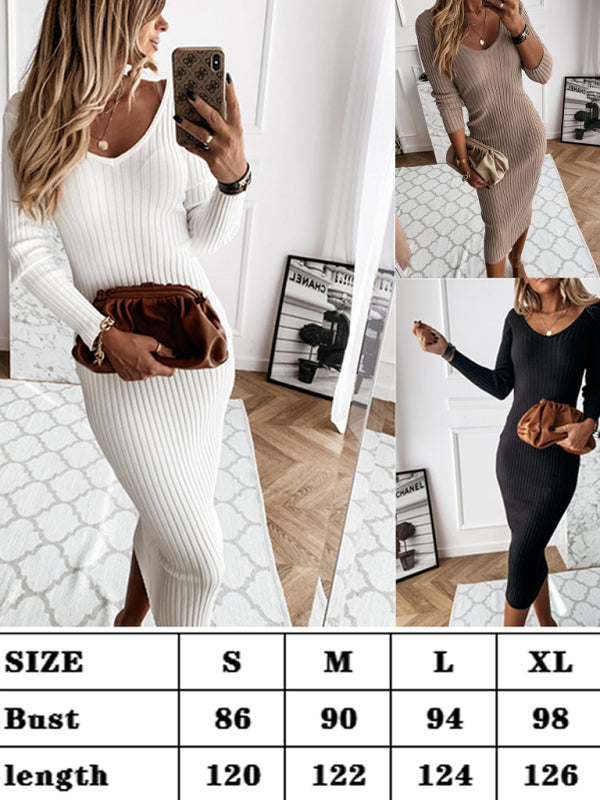 Midi Dresses- Women's Elegant Ribbed Bodycon Sweater Midi Dress- - Pekosa Women Clothing