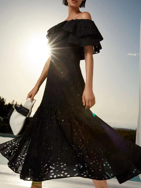 Midi Dresses- Women's Embroidered Cotton Eyelet Midi Dress with Flowy Ruffles- Black- Pekosa Women Clothing