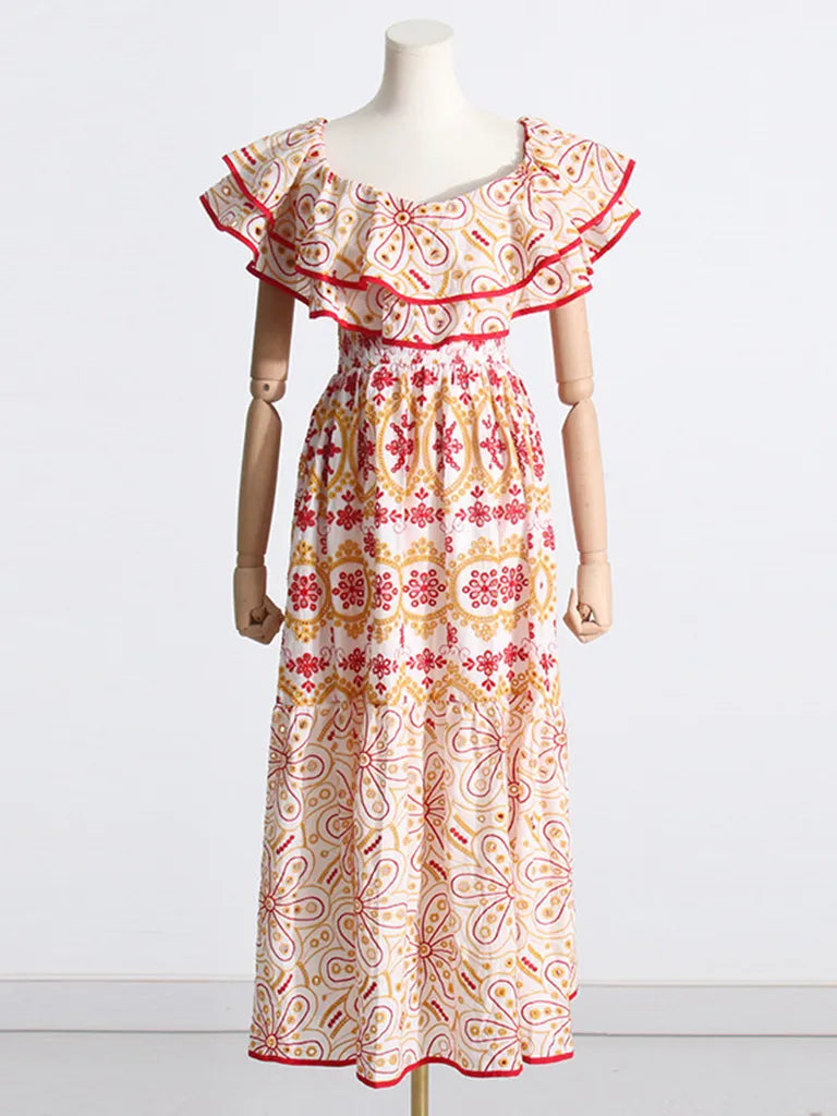 Midi Dresses- Women's Embroidered Cotton Eyelet Midi Dress with Flowy Ruffles- - Pekosa Women Clothing