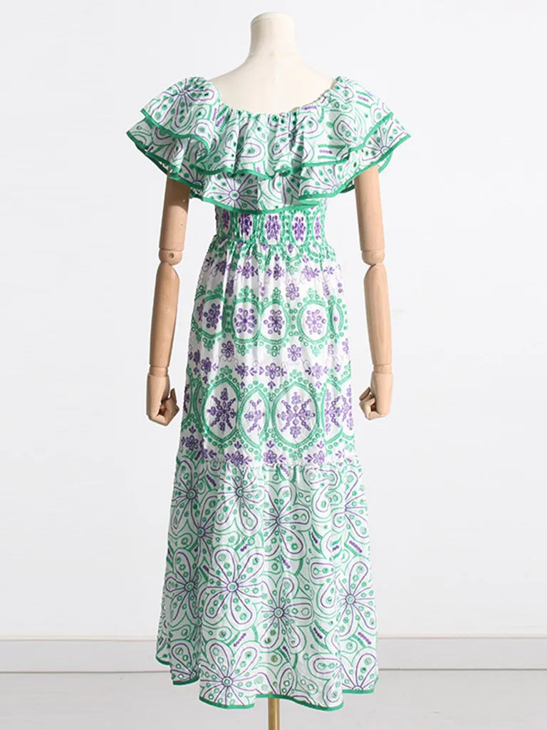 Midi Dresses- Women's Embroidered Cotton Eyelet Midi Dress with Flowy Ruffles- - Pekosa Women Clothing