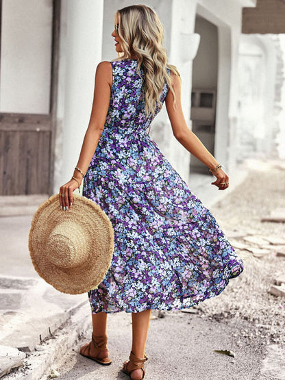 Midi Dresses- Women's Floral Tiered Belted Tank Midi Dress With Surplice V Neck- - Pekosa Women Clothing