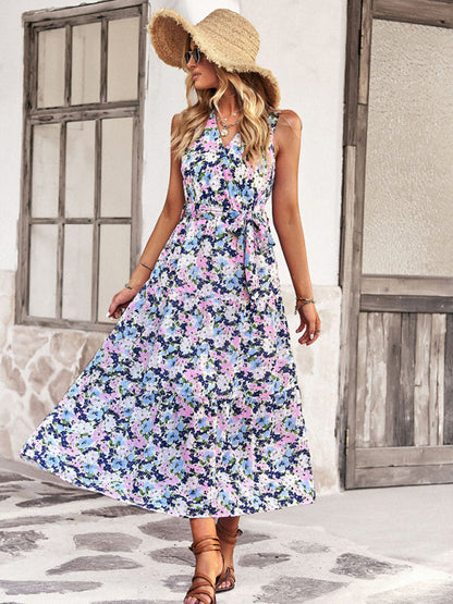 Midi Dresses- Women's Floral Tiered Belted Tank Midi Dress With Surplice V Neck- - Pekosa Women Clothing