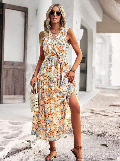 Midi Dresses- Women's Floral Tiered Belted Tank Midi Dress With Surplice V Neck- Yellow- Pekosa Women Clothing