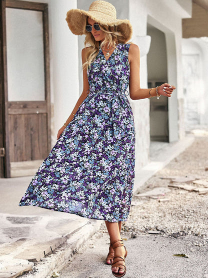 Midi Dresses- Women's Floral Tiered Belted Tank Midi Dress With Surplice V Neck- Purple- Pekosa Women Clothing