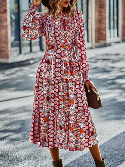 Midi Dresses- Women's Floral Tiered Midi Dress with Shirred Bodice & Long Sleeves- Wine Red- Pekosa Women Clothing