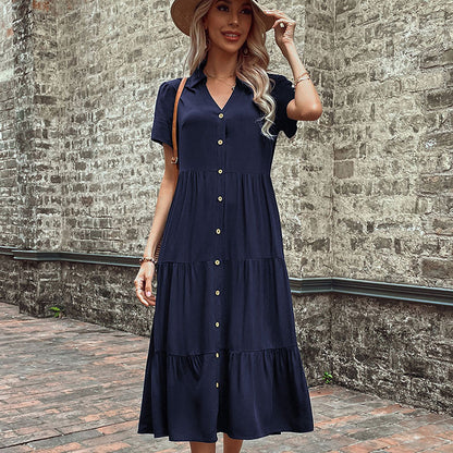 Midi Dresses- Women's Hepburn Style Midi Dress - Tiered Ruffle, Button Down Dress- Navy Blue- Pekosa Women Clothing