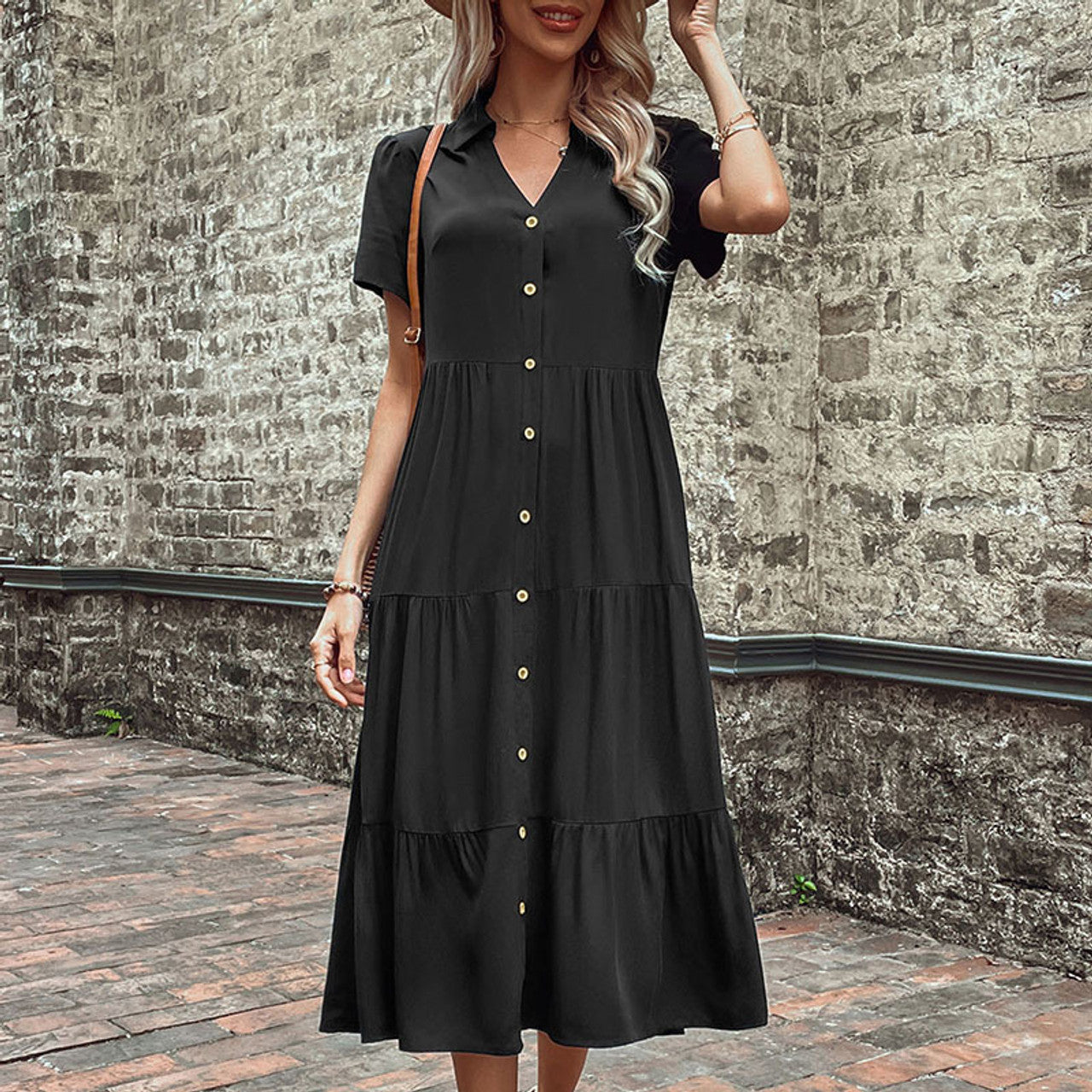 Midi Dresses- Women's Hepburn Style Midi Dress - Tiered Ruffle, Button Down Dress- - Pekosa Women Clothing