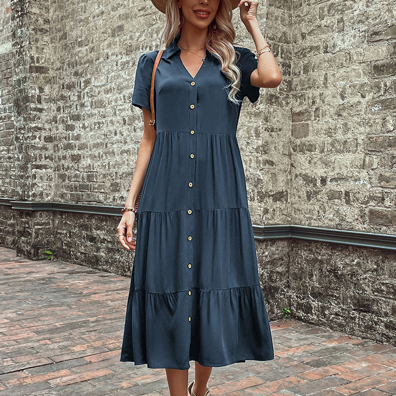 Midi Dresses- Women's Hepburn Style Midi Dress - Tiered Ruffle, Button Down Dress- Charcoal grey- Pekosa Women Clothing