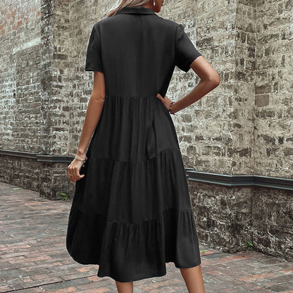 Midi Dresses- Women's Hepburn Style Midi Dress - Tiered Ruffle, Button Down Dress- - Pekosa Women Clothing