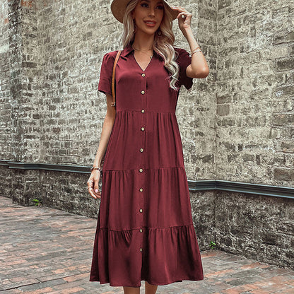 Midi Dresses- Women's Hepburn Style Midi Dress - Tiered Ruffle, Button Down Dress- Wine Red- Pekosa Women Clothing