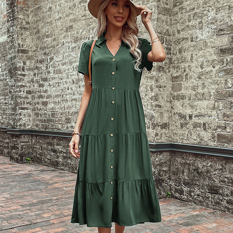 Midi Dresses- Women's Hepburn Style Midi Dress - Tiered Ruffle, Button Down Dress- Olive green- Pekosa Women Clothing