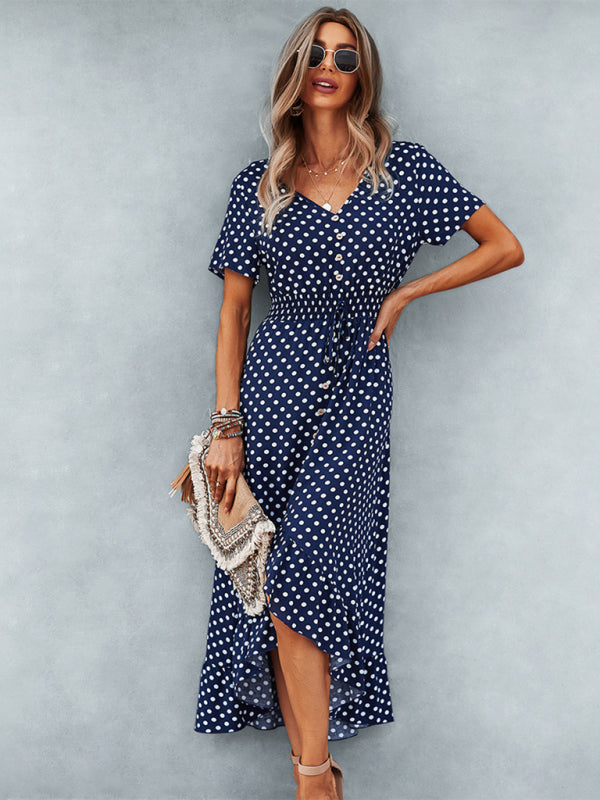 Midi Dresses- Women's Polka Dot V Neck Midi Dress With Buttons Front & Waist Tie- - Pekosa Women Clothing