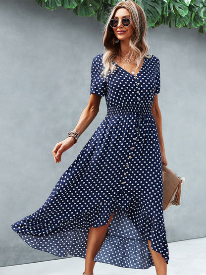 Midi Dresses- Women's Polka Dot V Neck Midi Dress With Buttons Front & Waist Tie- - Pekosa Women Clothing