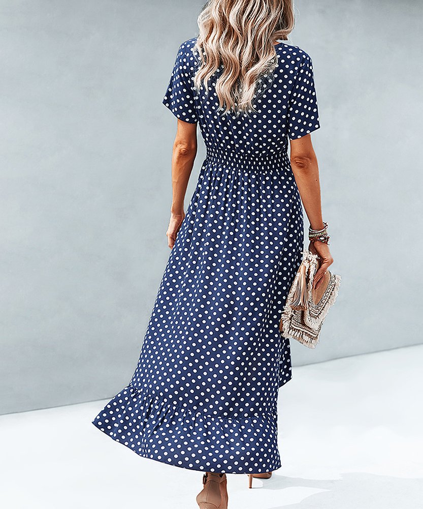 Midi Dresses- Women's Polka Dot V Neck Midi Dress With Buttons Front & Waist Tie- - Pekosa Women Clothing