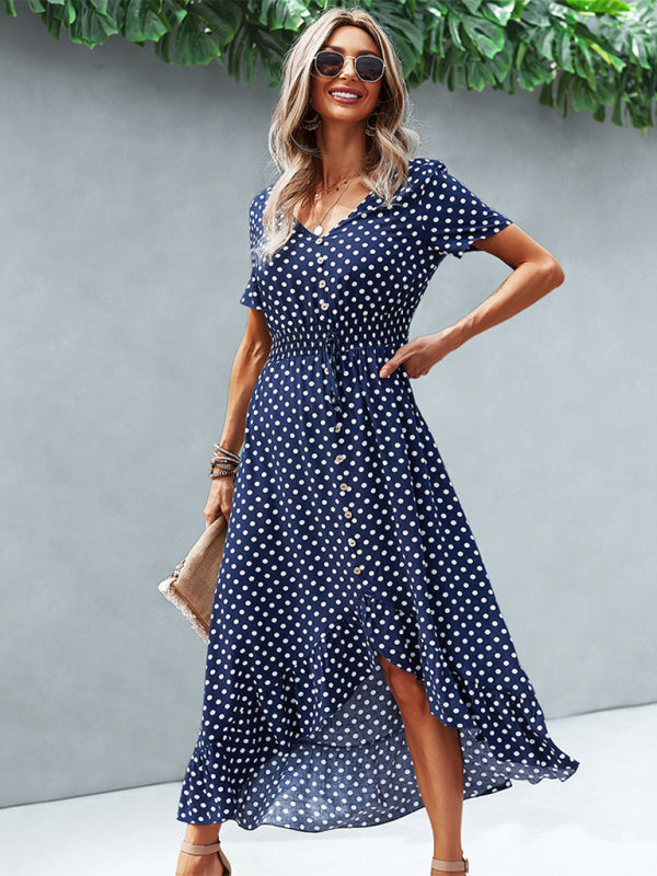 Midi Dresses- Women's Polka Dot V Neck Midi Dress With Buttons Front & Waist Tie- - Pekosa Women Clothing