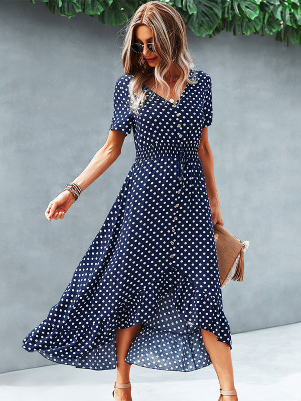 Midi Dresses- Women's Polka Dot V Neck Midi Dress With Buttons Front & Waist Tie- - Pekosa Women Clothing